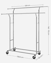 Songmics HSR12S Heavy Duty Metal Coat Rack Stand 110 kg Heavy Duty Clothing Rack på hjul Längd 129-169 cm Chrome - Bild 3