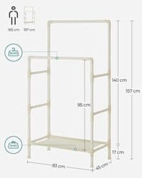 Songmics RDR01WT Metal Coat Rack med 2 klädskenor och 1 hylla, håller upp till 70 kg, lätt att montera, vit - Bild 5