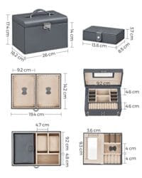 Songmics smycken låda 3 lager, smycken arrangör med 2 lådor, smyckesfodral med bärbart resefall, med handtag, låsbar, smycken förvaring, gåva för nära och kära, grå JBC121G01 - Bild 7