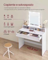 VASAGLE Sminkbord, LED-ljus med justerbar ljusstyrka, Makeup Station, Modern, Vit - Bild 2