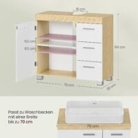 Underdel med 3 Stora Lådor, Badrumsskåp, 30 X 70 X 64 Cm, Molnvit/naturbeige - Bild 5