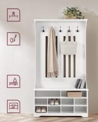 Hallskåp, Garderob, Klädhängare med Bänk, Skoförvaring, med Krokar, Justerbar Hylla, Modern, Vit - Bild 3