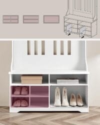 Hallskåp, Garderob, Klädhängare med Bänk, Skoförvaring, med Krokar, Justerbar Hylla, Modern, Vit - Bild 4