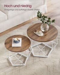 Runda Soffbord, 2 Sidobord, Avtagbar Bordsskiva, Stålram, Honungsbrunt Och Molnvitt - Bild 4
