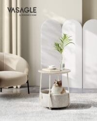 Runt Sidobord med Laddstation Och Tygkorg, Rymligt, Sängbord, Modern Stil, Krämvit - Bild 2