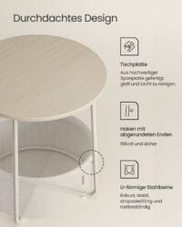 Runt Sidobord med Laddstation Och Tygkorg, Rymligt, Sängbord, Modern Stil, Krämvit - Bild 5