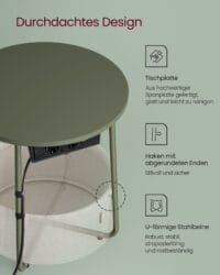 Sidobord Runt med Laddstation, Soffbord, Usb-anslutningar, Nattduksbord, Skoggrön-gräddvit - Bild 6