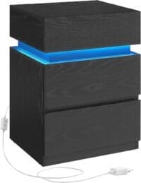 Sängbord med LED-belysning, Sidobord, Sängskåp, Soffbord, Svart med Ådring