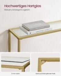 Konsolbord, Entrébord, Soffgavel, Härdat Glasskiva, Metallram, Ljusguld Och Transparent - Bild 5