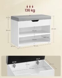 Skobänkar, Skoställ med Vadderad Kudde, Skohållare, 30 X 60 X 44 Cm, För Entré, Molnvit - Bild 3