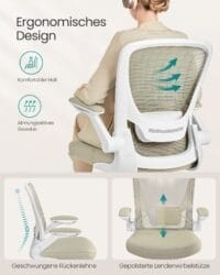 Mesh Skrivbordsstol, Ergonomisk Datorstol, Svankstöd, Uppfällbart Armstöd, Havregrynsbeige - Bild 7