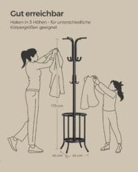 Klädhängare Fristående, Klädstativ med Paraplyhållare, 12 Krokar, Metall, 175 Cm Hög, Bläcksvart - Bild 6