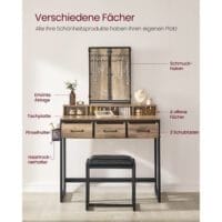 Sminkbord med Vadderad Pall, Trippelspegel, Kosmetikabord, Industriell Stil, Ekbrun/svart - Bild 3