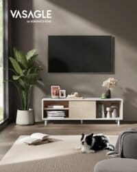 TV-bänk 60 tums TV, TV-skåp för vardagsrum, TV-möbel, räfflat glas, molnvit och naturbeige - Bild 2