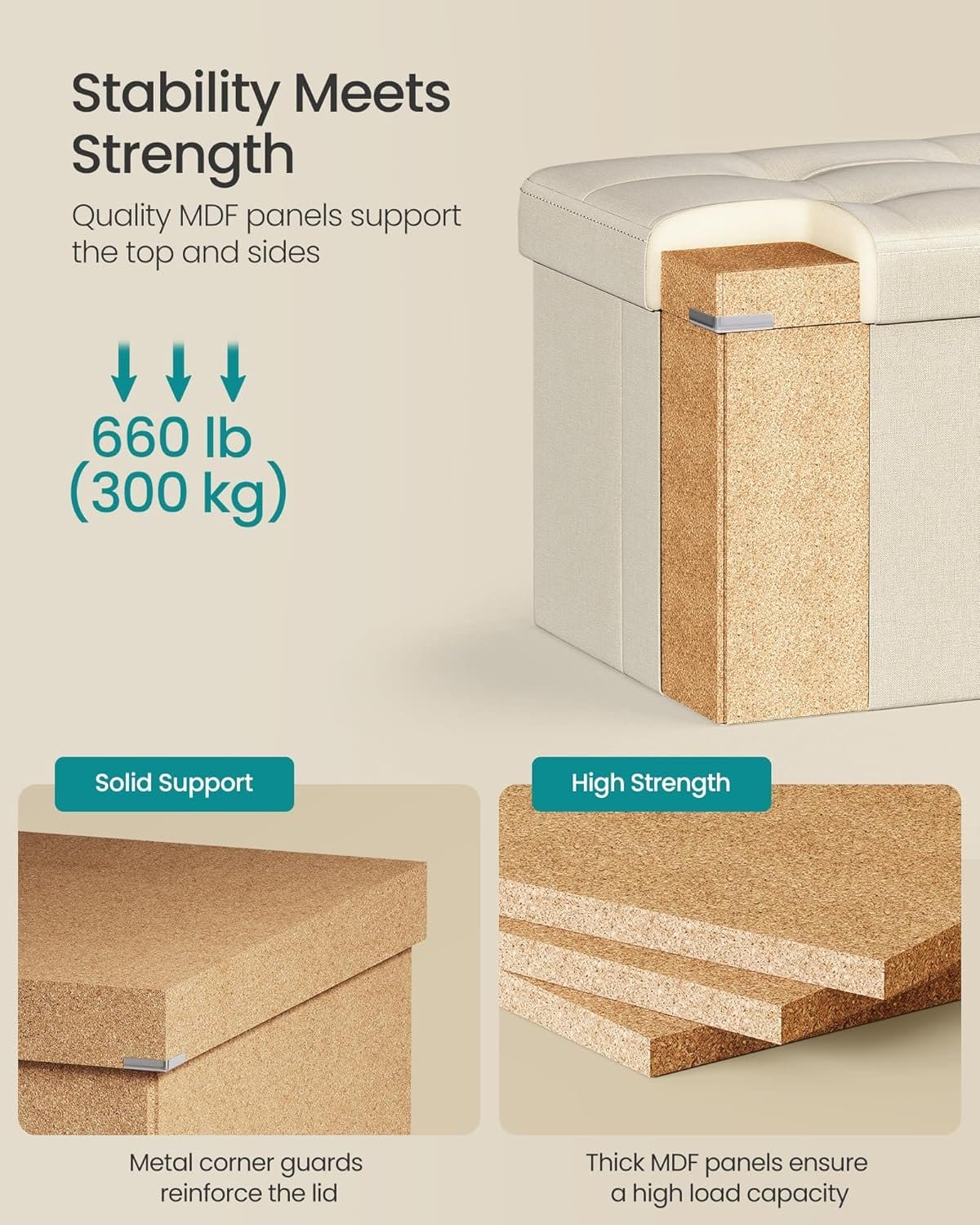 43 tum hopfällbar förvaringsottoman, belastning 340 kg, entré, Krämvit 4 43 tum hopfällbar förvaringsottoman, belastning 340 kg, entré, Krämvit - Bild 4